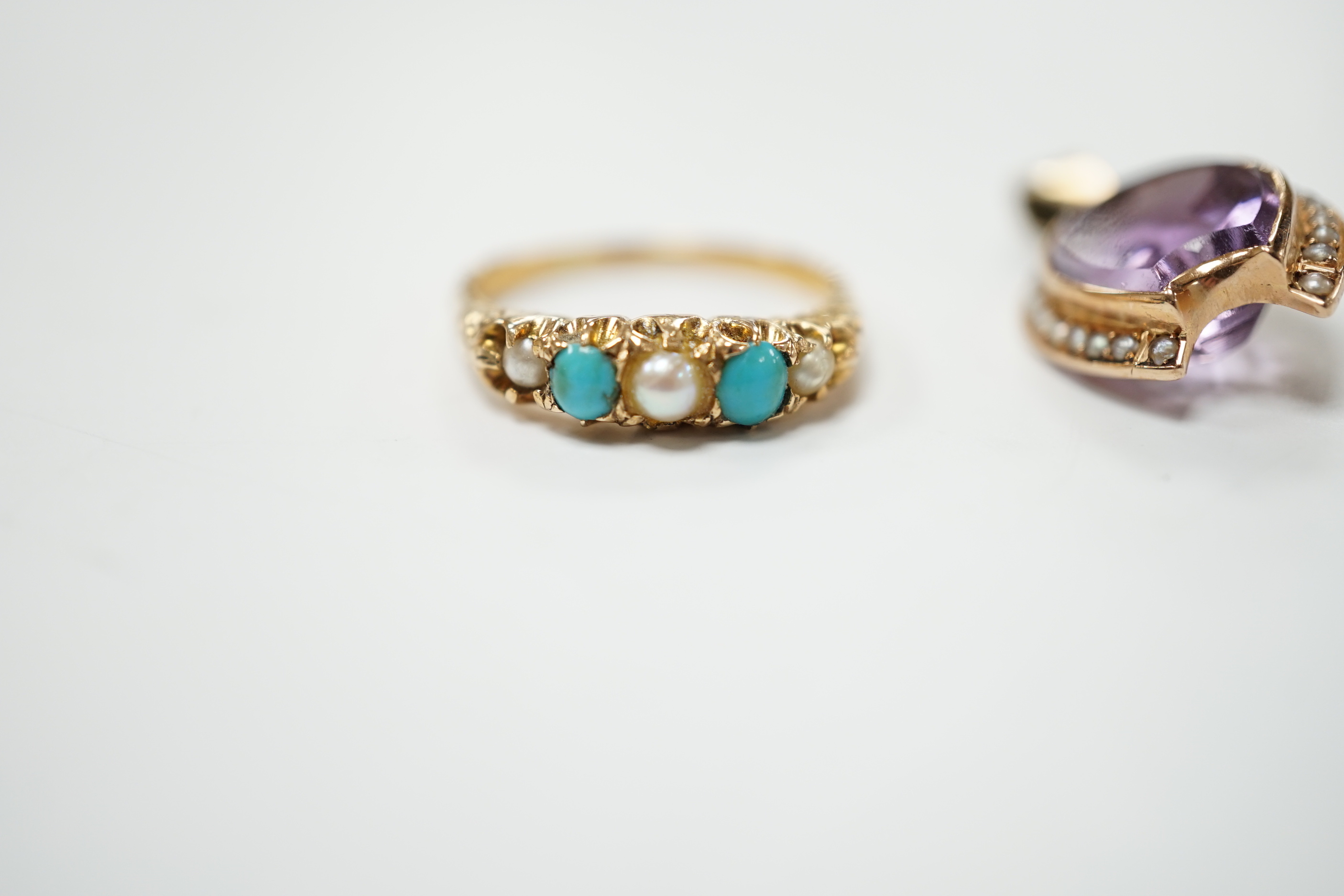 An early 20th century yellow metal and graduated split pearl and turquoise set half hoop ring, size M together with a yellow metal and amethyst set pendant, gross weight 5.6 grams.